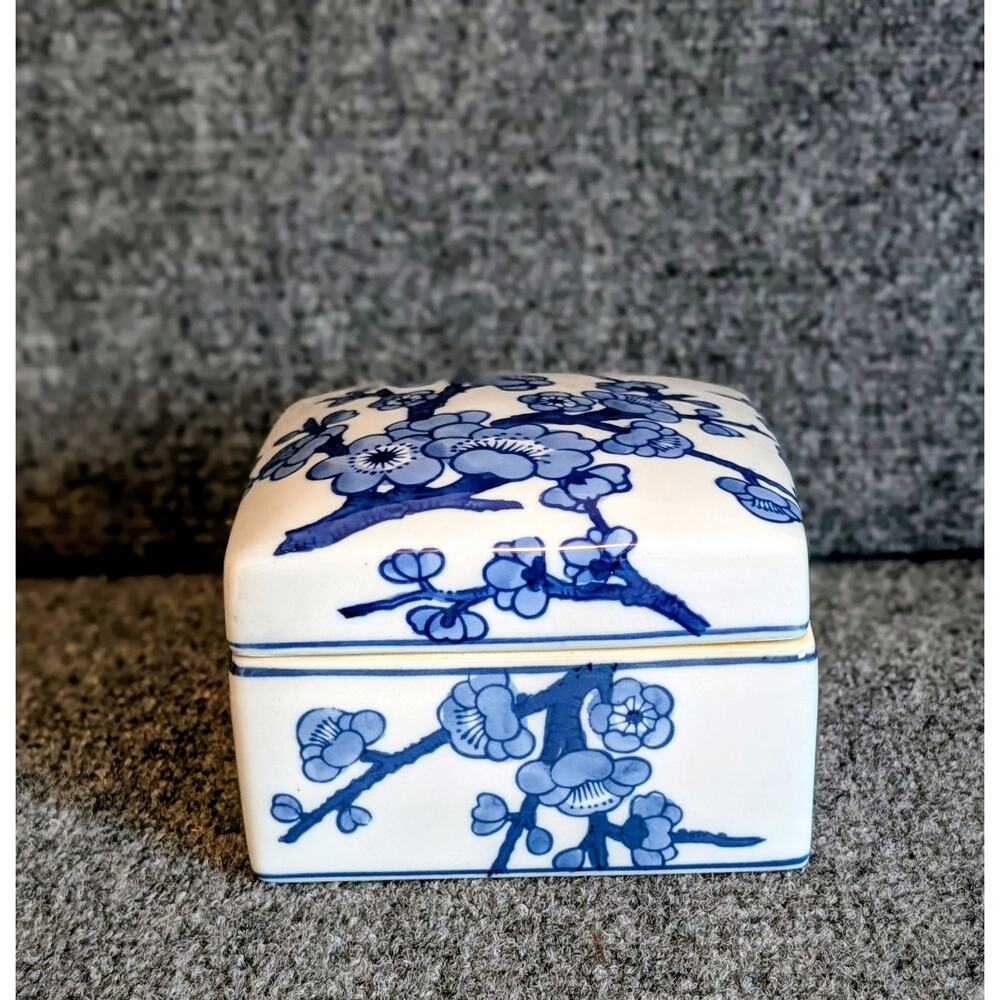 Blue White Chinoiserie Square Ceramic Cherry Blossoms Lidded Trinket Box